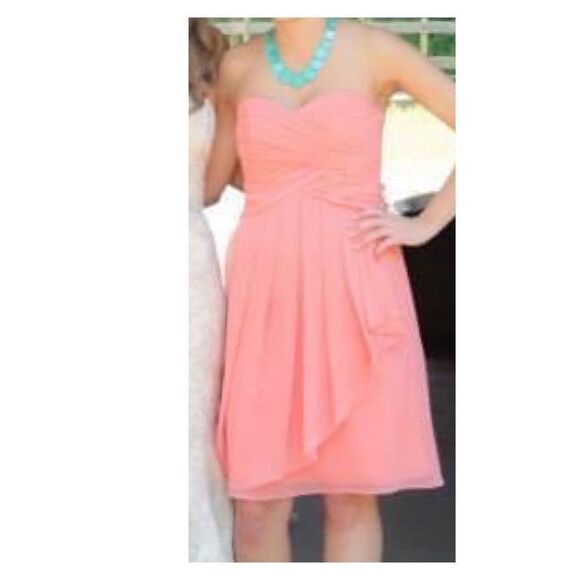 David’s Bridal Coral Strapless Chiffon Above Knee Bridesmaid’s Dress Size 0 - Picture 8 of 11